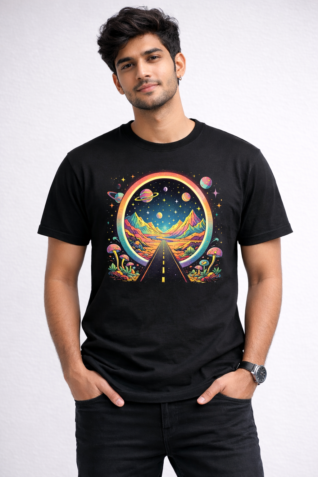 Men's Multiverse Black Graphic Printed Tshirt