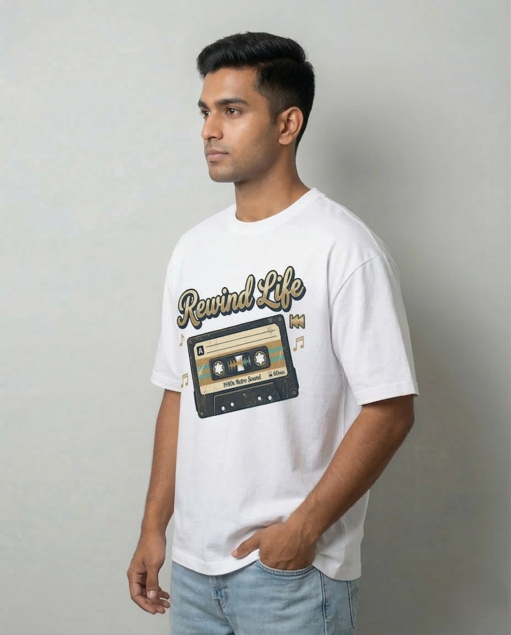 Men's Rewind Life White Oversized T-shirt